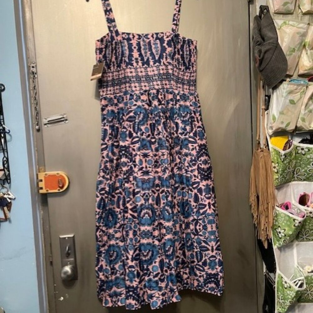 Taylor Retro Pink & Blue Floral Pleated Dress With Pockets Spaghetti Straps - Picture 15 of 16